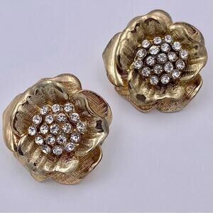 Vintage Large Textured Gold Tone Flower Rhinestone Earrings